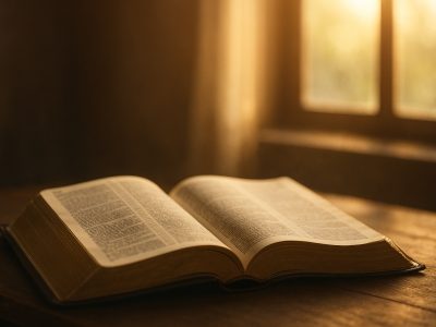 open Bible with morning light symbolizing spiritual surrender