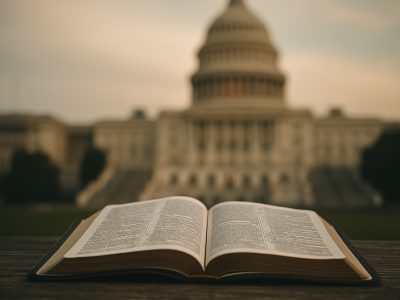 Open Bible in front of the U.S. Capitol for the blog What Christians Need to Know About Aftyn Behn