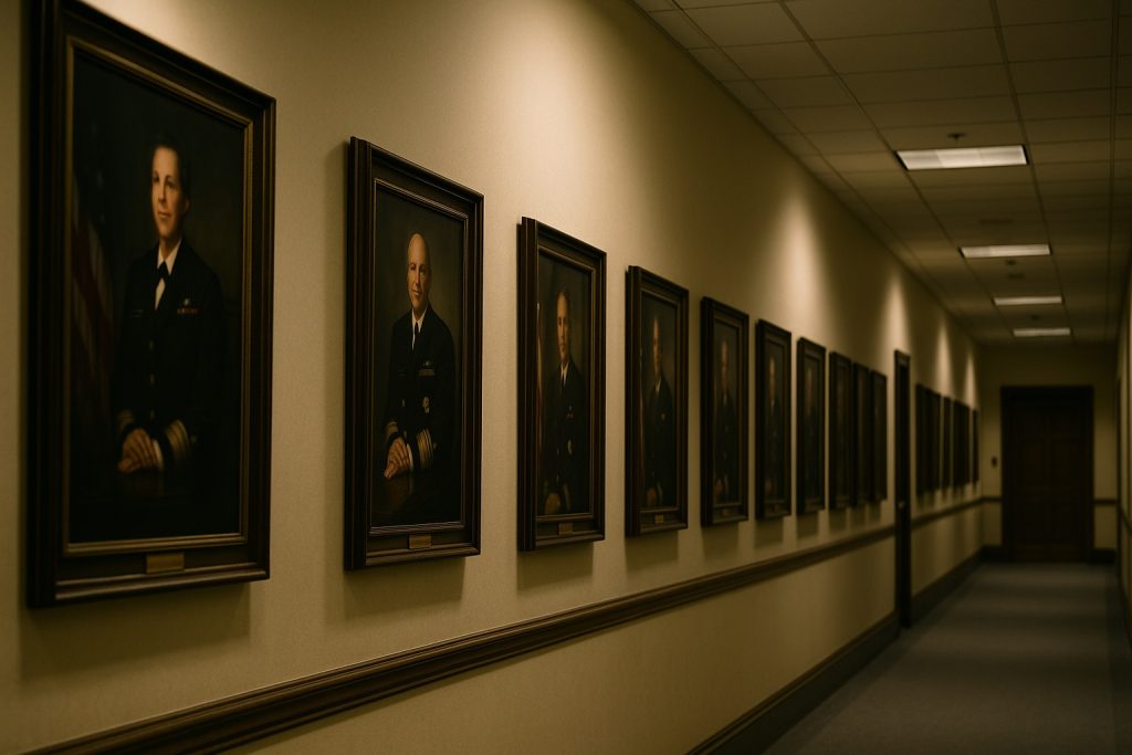 Government hallway with framed portraits symbolizing biblical truth and cultural conflict
