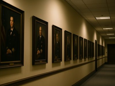 Government hallway with framed portraits symbolizing biblical truth and cultural conflict