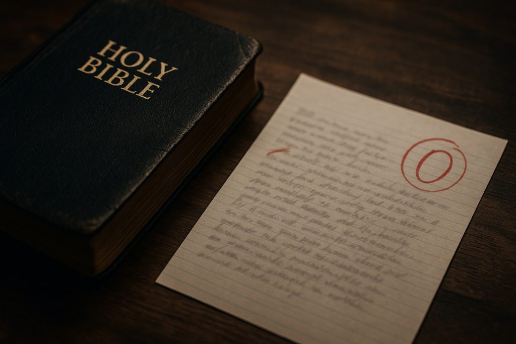 Christian persecution image showing Bible and graded paper symbolizing hostility toward biblical beliefs