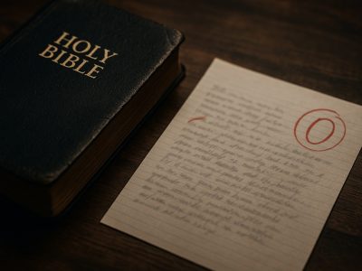 Christian persecution image showing Bible and graded paper symbolizing hostility toward biblical beliefs