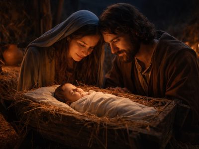 Christmas vs Christ illustrated through the nativity, with baby Jesus in a manger and Mary and Joseph close beside Him