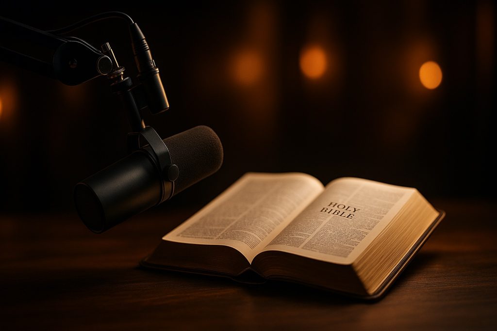 Podcast microphone and Bible symbolizing biblical truth as Erika Kirk speaks out