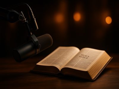 Podcast microphone and Bible symbolizing biblical truth as Erika Kirk speaks out