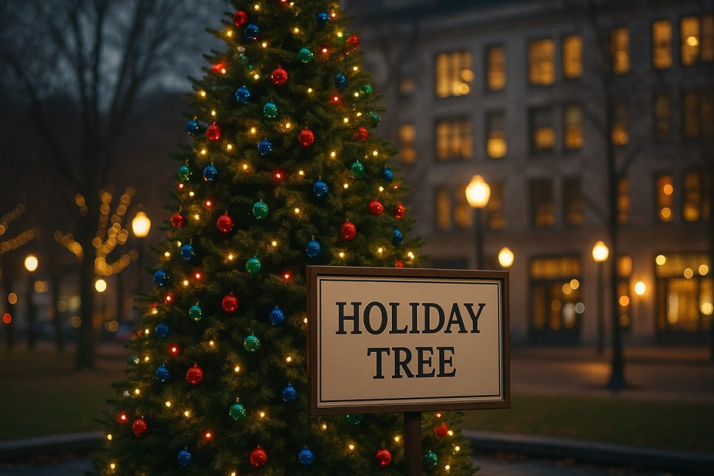 Holiday Tree feature image showing Portland’s Christmas tree labeled as a “Holiday Tree”