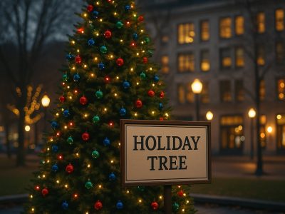 Holiday Tree feature image showing Portland’s Christmas tree labeled as a “Holiday Tree”