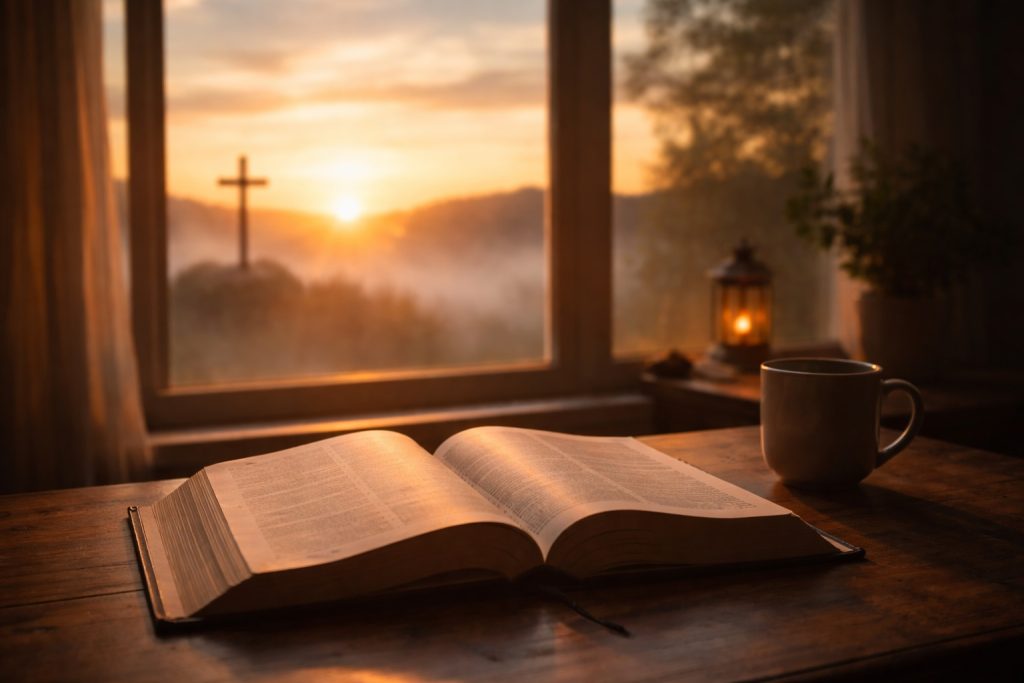 New Year hope in Christ shown through an open Bible in morning light, symbolizing repentance, surrender, and faith in Jesus Christ.