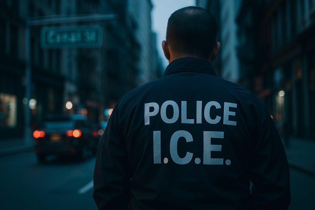 ICE agent on Canal Street illustrating sanctuary politics in New York