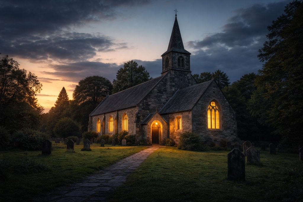 A historic British church illuminated at dusk, symbolizing Christian revival and renewed faith
