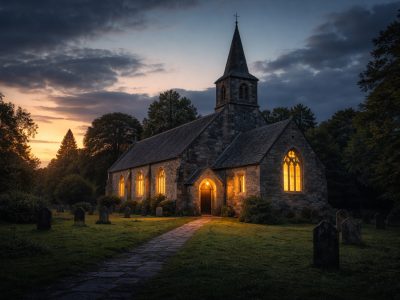 A historic British church illuminated at dusk, symbolizing Christian revival and renewed faith