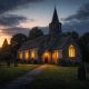 A historic British church illuminated at dusk, symbolizing Christian revival and renewed faith