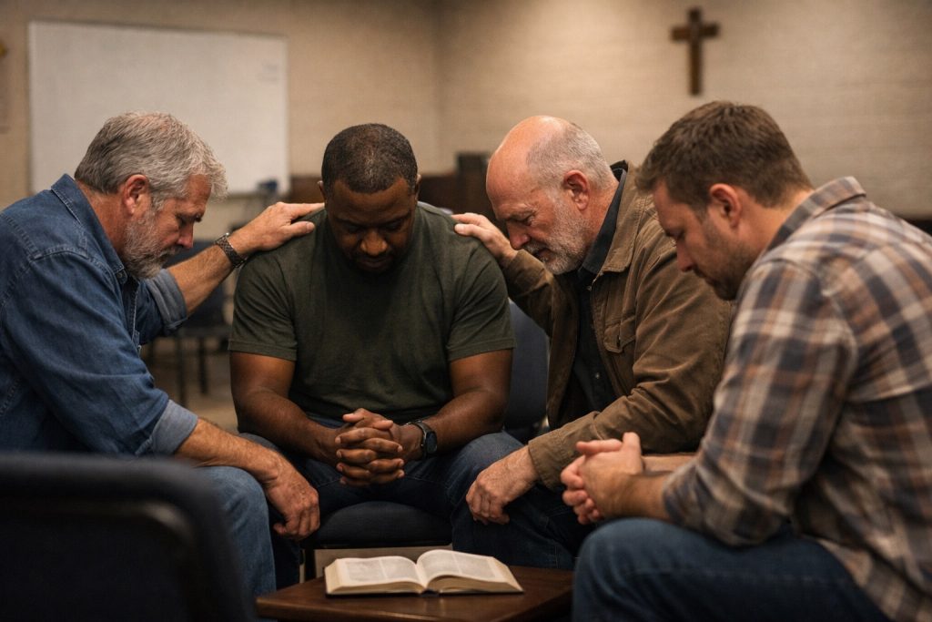 Men praying together in a Bible study group, representing a Christian testimony of faith and brotherhood.