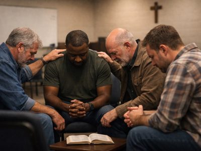 Men praying together in a Bible study group, representing a Christian testimony of faith and brotherhood.