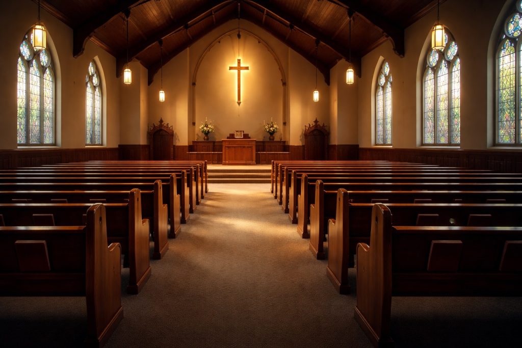 Empty church sanctuary representing church desecration and the violation of sacred worship space.