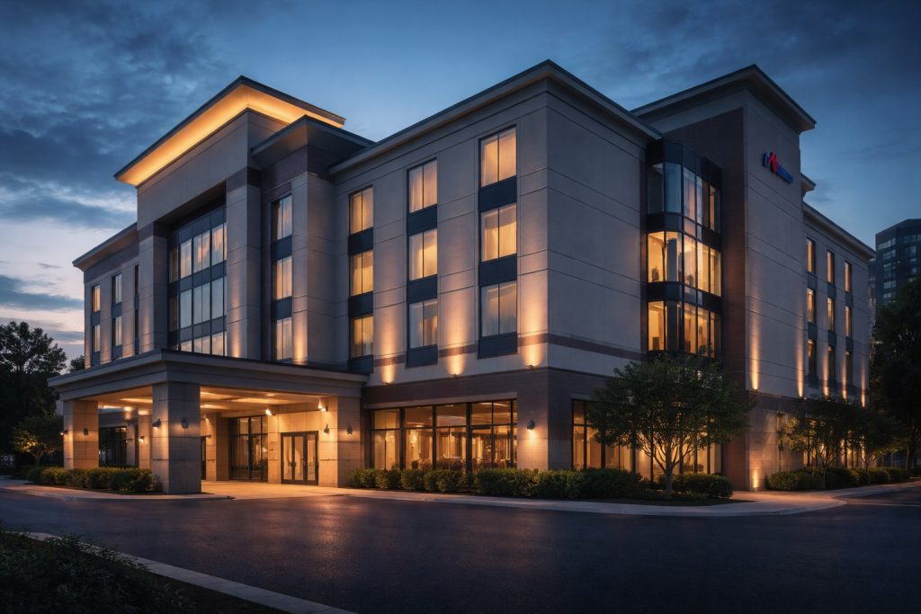 A modern hotel exterior at dusk representing corporate neutrality and public trust in institutional services.
