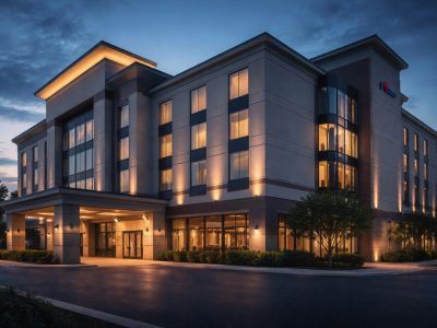 A modern hotel exterior at dusk representing corporate neutrality and public trust in institutional services.