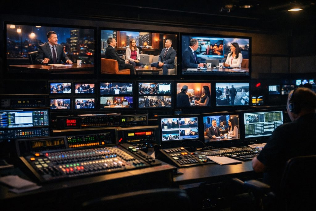 Broadcast control room with multiple television screens, illustrating free speech in media and narrative control in modern talk shows