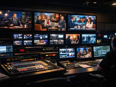Broadcast control room with multiple television screens, illustrating free speech in media and narrative control in modern talk shows