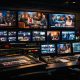 Broadcast control room with multiple television screens, illustrating free speech in media and narrative control in modern talk shows