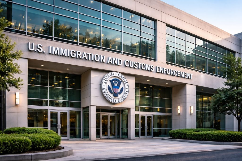 ICE propaganda represented by a U.S. Immigration and Customs Enforcement building exterior