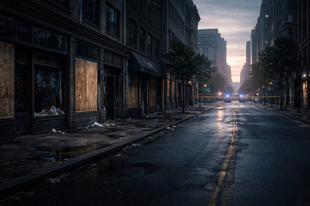 An empty city street after unrest symbolizing justice without chaos and the consequences of disorder.