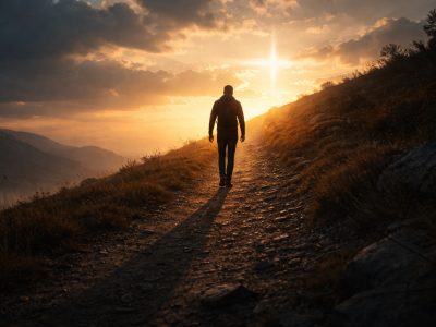 Man walking uphill at sunrise symbolizing the weight of obedience with same sex attraction