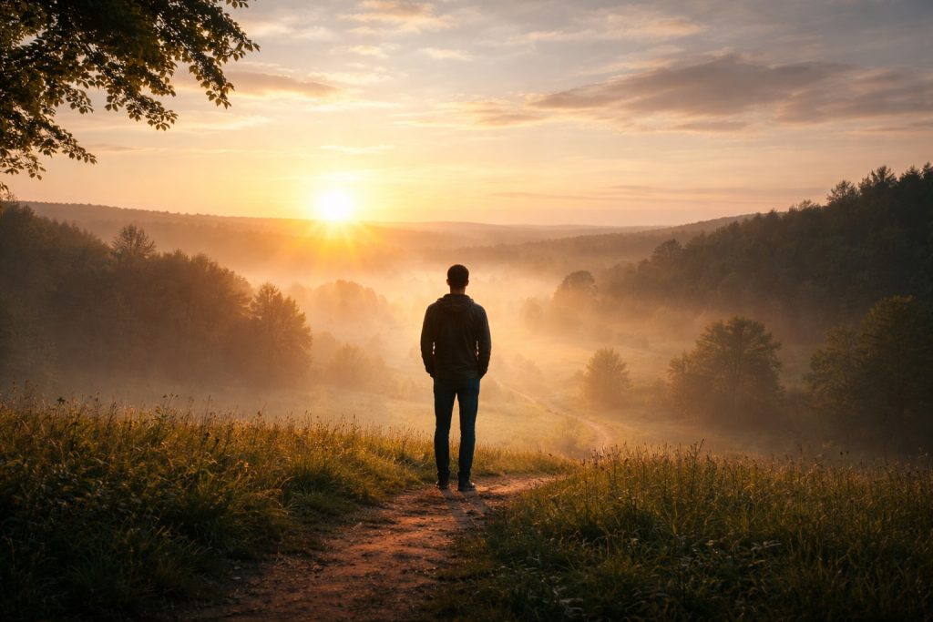 A person standing alone in a quiet landscape, reflecting thoughtfully while facing light, symbolizing discernment and peace.