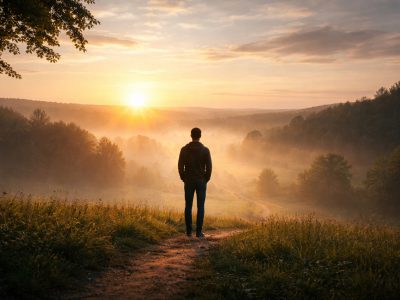 A person standing alone in a quiet landscape, reflecting thoughtfully while facing light, symbolizing discernment and peace.