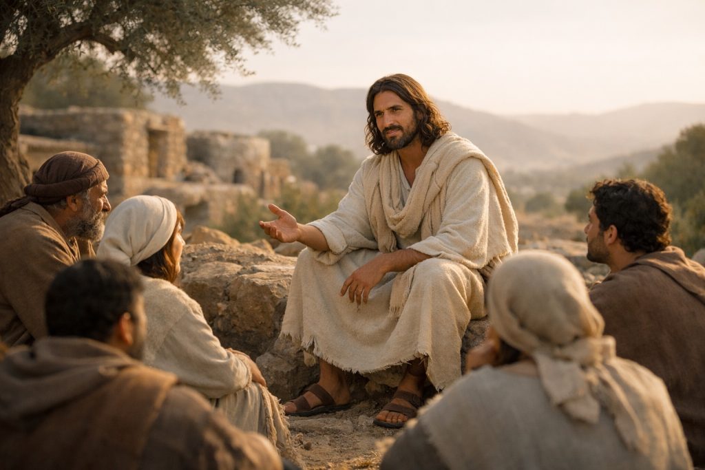 Jesus teaching with calm authority and compassion