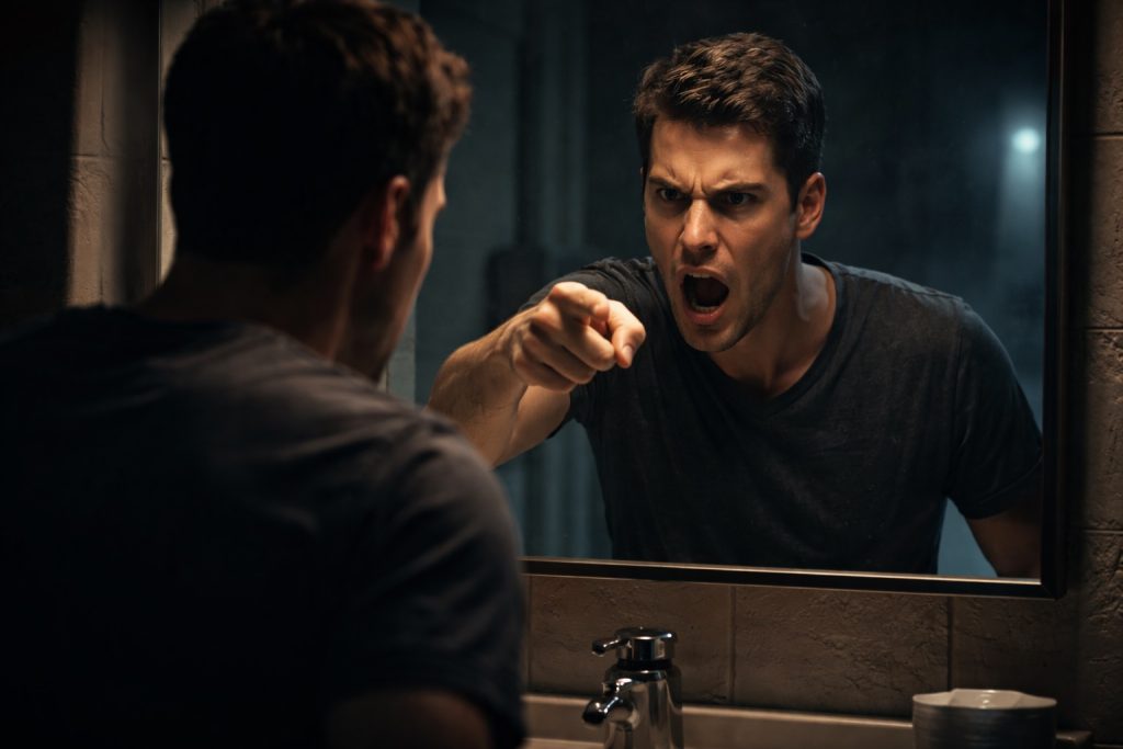 Man looking into mirror while his reflection angrily points back symbolizing DARVO tactic and reversed blame