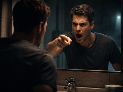 Man looking into mirror while his reflection angrily points back symbolizing DARVO tactic and reversed blame