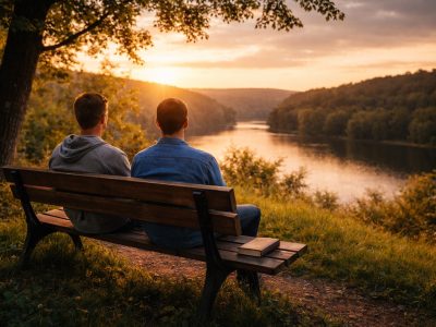 Two men sitting together in peaceful companionship without isolation