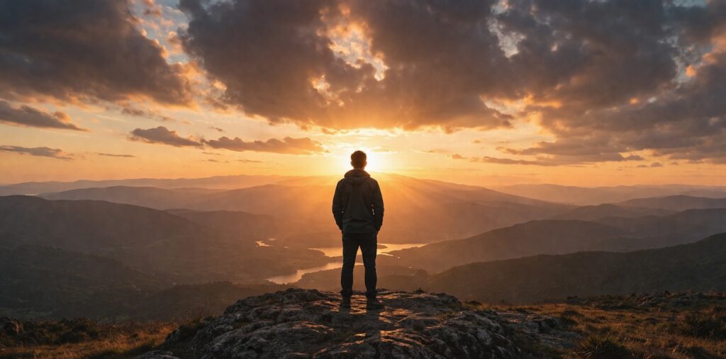 A man standing at sunrise reflecting on biblical love as a choice of obedience to God