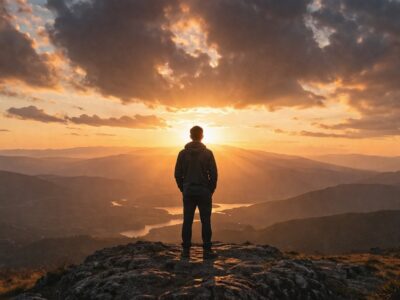 A man standing at sunrise reflecting on biblical love as a choice of obedience to God