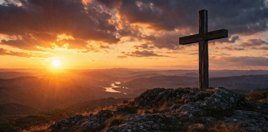 Christian hypocrisy faith concept with cross and mountain landscape