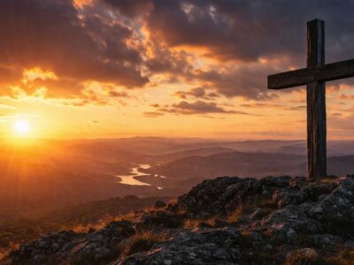 Christian hypocrisy faith concept with cross and mountain landscape