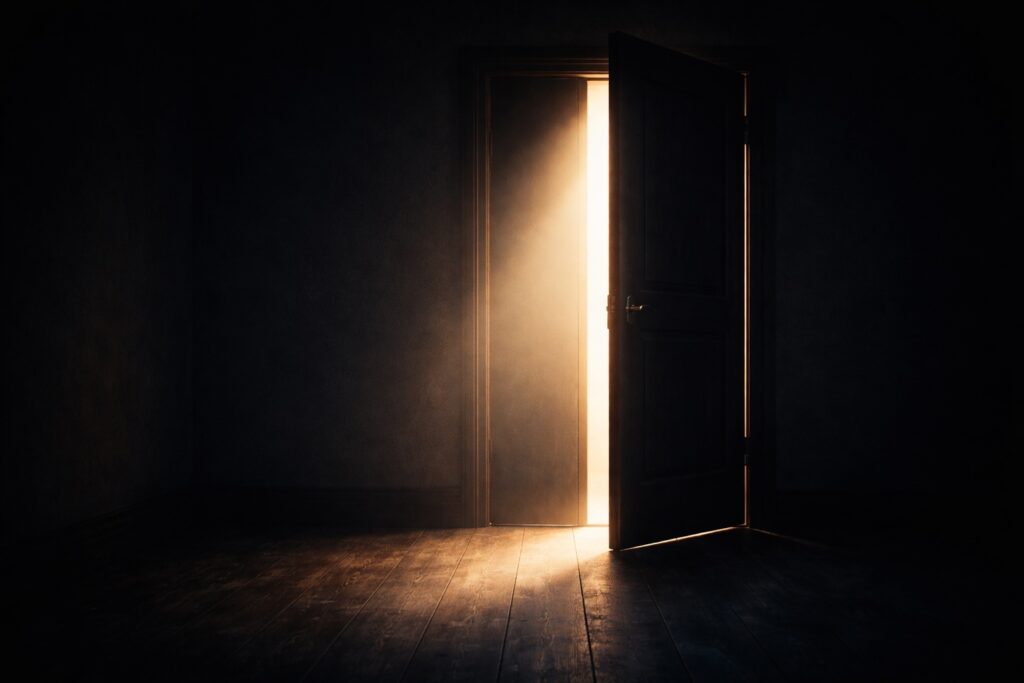 Partially open door with light shining into a dark room symbolizing struggling with sin and leaving the door open