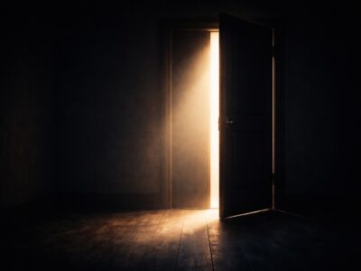 Partially open door with light shining into a dark room symbolizing struggling with sin and leaving the door open