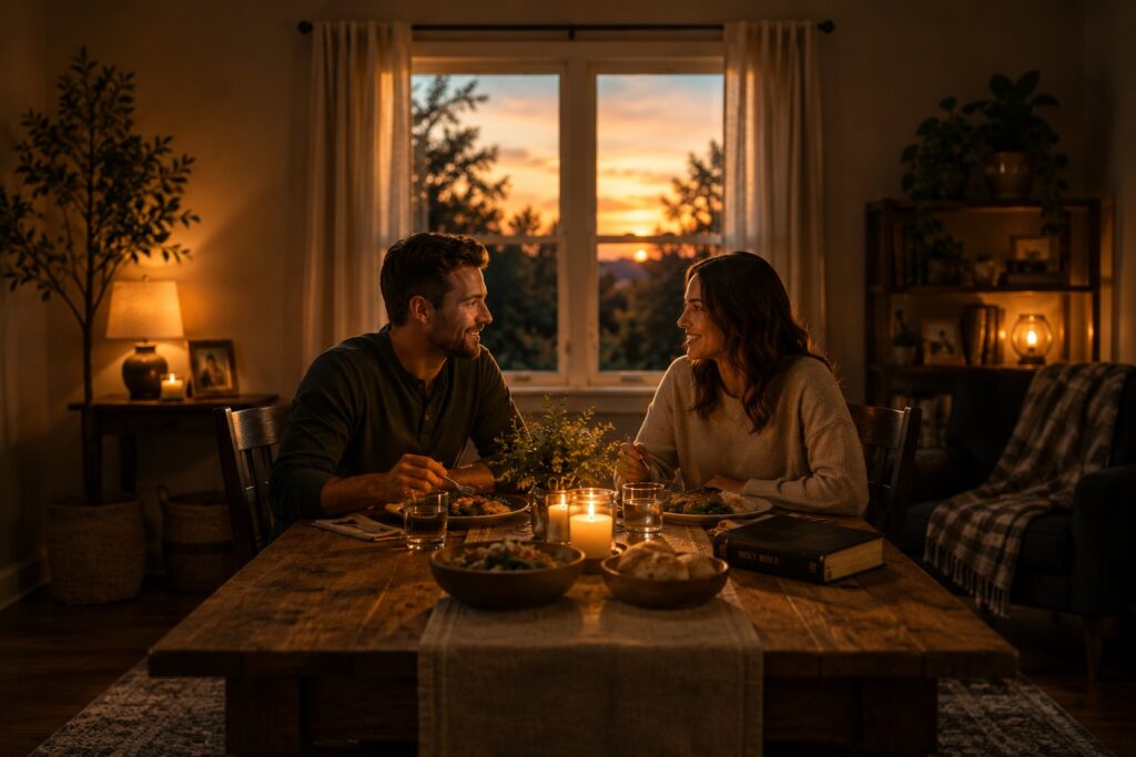 A warm dinner scene showing ordinary joy and connection during addiction recovery and spiritual healing
