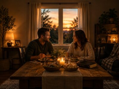 A warm dinner scene showing ordinary joy and connection during addiction recovery and spiritual healing