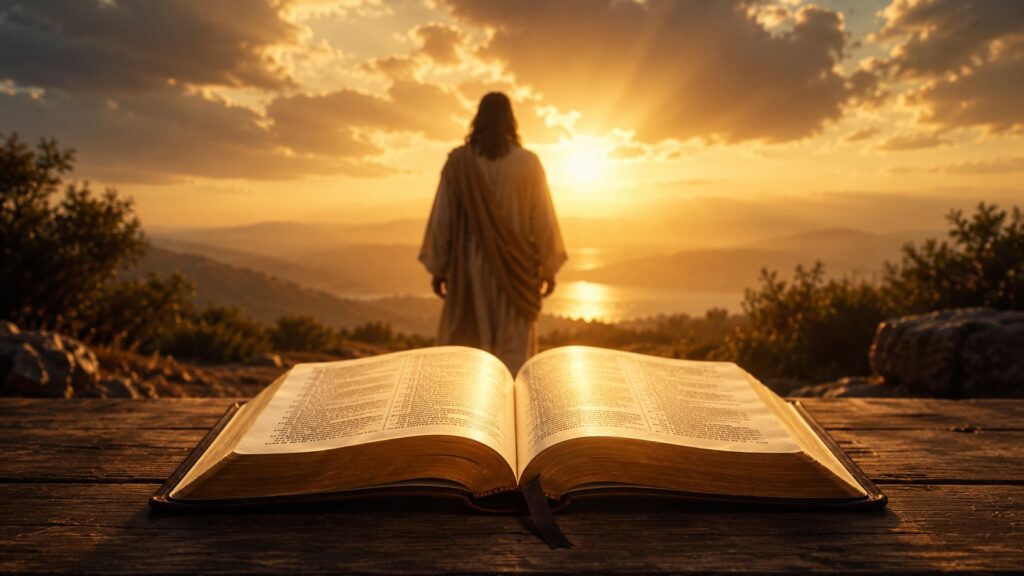 Jesus and homosexuality illustrated through an open Bible and a reverent, centered scene reflecting biblical truth