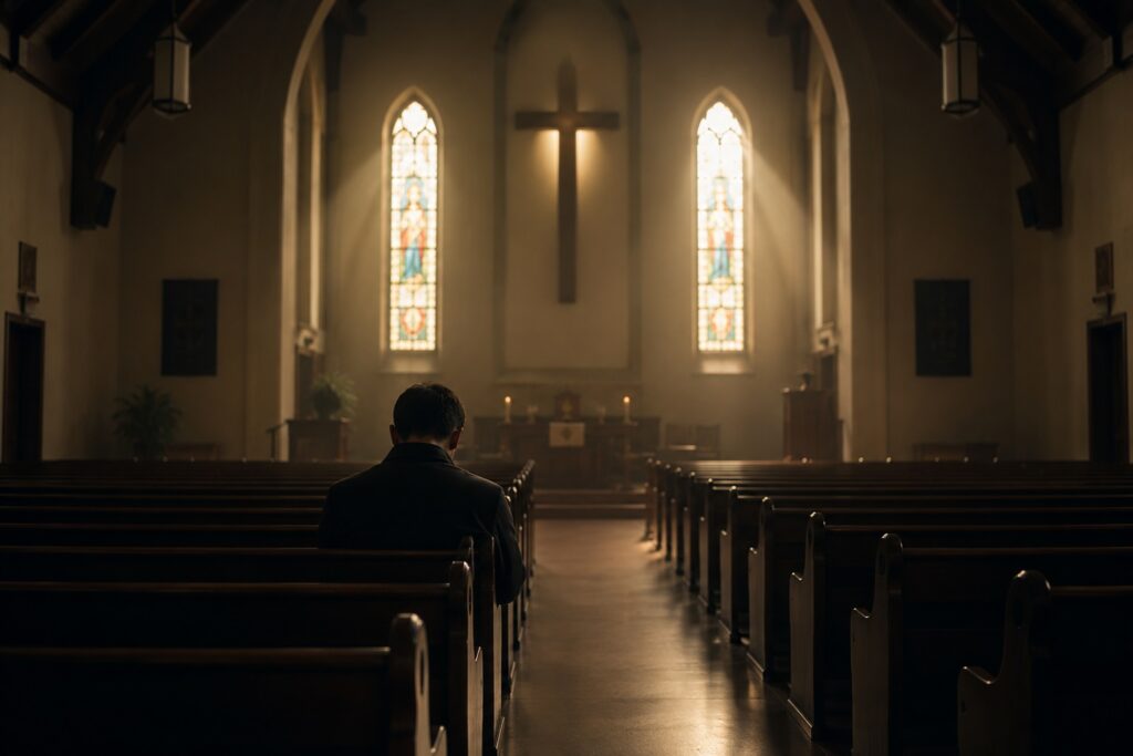 Man sitting alone in a church sanctuary reflecting on lifelong celibacy and Christian discipleship