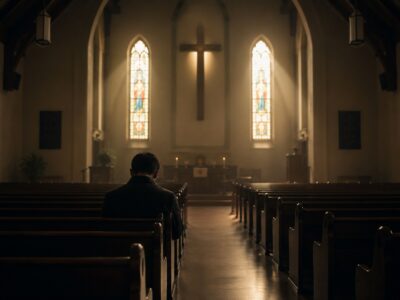 Man sitting alone in a church sanctuary reflecting on lifelong celibacy and Christian discipleship