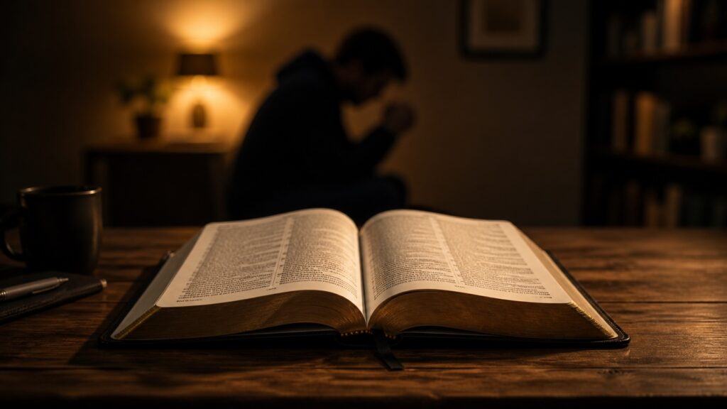 Open Bible on a table with warm lighting representing same-sex attraction and Christianity