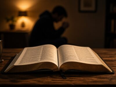 Open Bible on a table with warm lighting representing same-sex attraction and Christianity