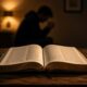 Open Bible on a table with warm lighting representing same-sex attraction and Christianity