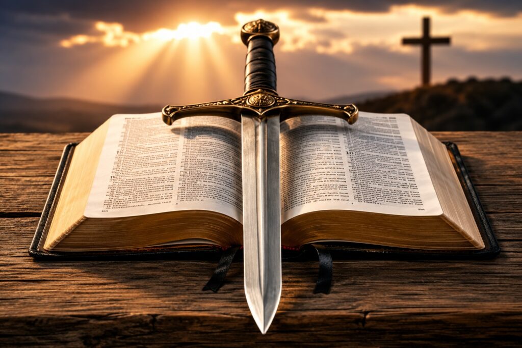 Open Bible with a sword representing Jesus' words in Matthew 10:34
