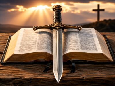 Open Bible with a sword representing Jesus' words in Matthew 10:34