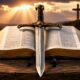 Open Bible with a sword representing Jesus' words in Matthew 10:34